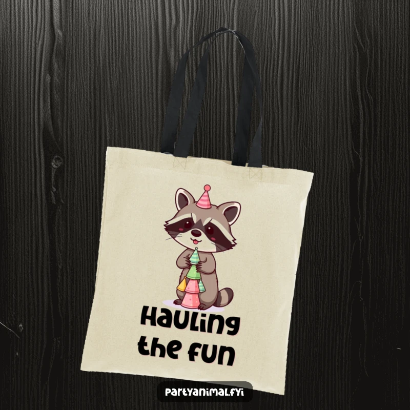 Funny Tote Bag showcasing a mischievous raccoon skillfully balancing a stack of tiny party hats, a charming and practical accessory for everyday use.