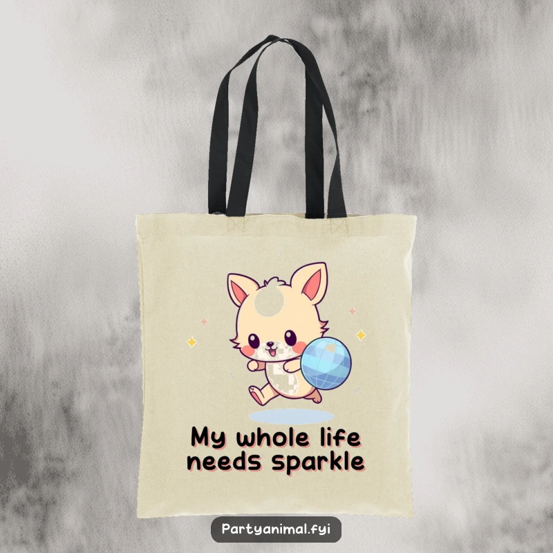 Funny animal character mid-chase towards a dazzling disco ball, printed on a durable tote bag for a touch of whimsy.