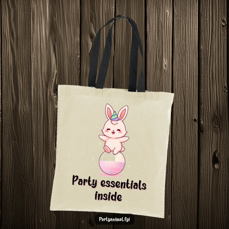 Funny tote bag illustrated with a fluffy pink bunny in a party hat, joyfully bouncing on a disco ball.